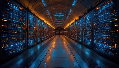 Poster - Brightly Lit Server Racks in a Modern Data Center Corridor