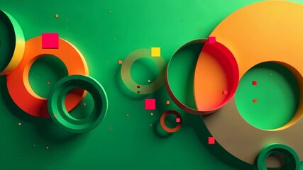 Poster - Floating Geometric Shapes and Colorful Confetti on Vibrant Green Background