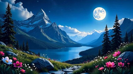 Aufkleber - Tranquil Moonlight Mountain Lake with a Stone Path and Wildflowers