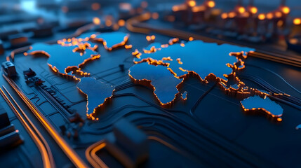 Poster - Glowing Blue World Map on Circuit Board