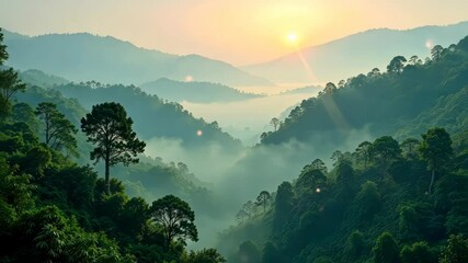 Poster - Sunrise over a Misty Mountain Valley with Lush Green Trees