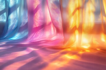 Poster - Colorful Shimmering Fabric Draped on White Surface with Warm Golden Light