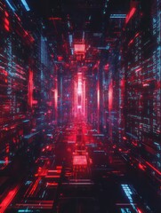Poster - cybernetic, Futuristic Tunnel, digital artwork rendering a high-tech tunnel with neon lights and intricate circuitry