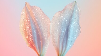 Poster - Raindrops adorn two exquisite petals, their soft hues blending into a serene pastel background. This captivating display highlights nature's elegance at dawn, evoking tranquility and beauty