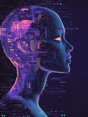 Poster - A human head, conceptualized as an intricate digital circuit board, with glowing neon lights