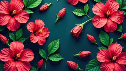 Wall Mural - Bold, vibrant hibiscus & tropical foliage, endless repeat , yellow, pink