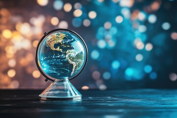 a globe is sitting on a table with a blue background