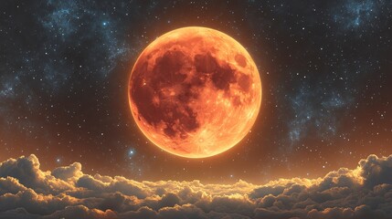 Wall Mural - Red moon, orange glow, over clouds. Stars in background, celestial dreamscape