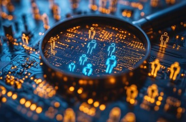 Poster - Glowing Human Figures on Circuit Board Under Magnifying Glass