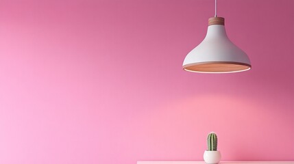 Poster - A chic and inviting interior features a sleek hanging lamp illuminating a small white pot with a cute cactus, perfectly contrasting a bold pink wall that radiates warmth and style