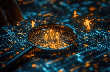 Poster - Magnifying Glass Reveals Glowing Human Figures on Circuit Board