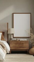 Poster - A cozy bedroom showcases a beautifully crafted wooden nightstand beside a plush bed adorned with soft linens
