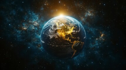 earth view with a radiant sunrise, enveloped by celestial clouds and infinite space backdrop