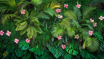 lush tropical green wall with flowers