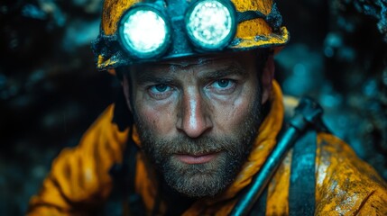 Poster - A miner laboring in challenging conditions under damp, low light circumstances, wearing protective gear and focused on extracting minerals from deep within the earth.