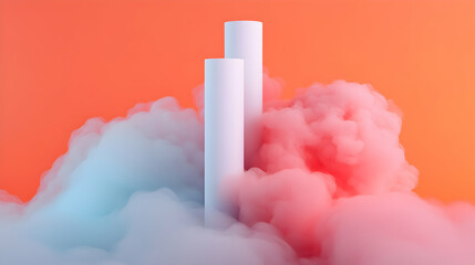 Poster - Surreal Composition of White Cylinders Emerging from Pastel Clouds
