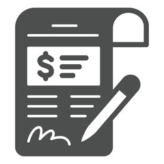 Poster - Expenses document with pen signature solid icon, family lawyer concept. Vector graphics. Taxation and fee, contract sign on white background, glyph style icon for mobile or web design.