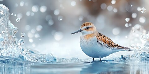 Poster - Colorful bird wades through clear water surrounded by splashes and bubbles at a serene location during bright daylight