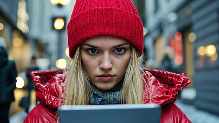Poster - Girl Engaged in Online Activity While Outdoors in Urban Setting Generative AI
