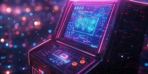 Poster - Retro arcade game machine glowing in vibrant neon colors against a blurred background of colorful lights at night