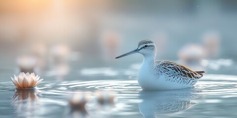 Poster - Shorebird gracefully gliding through calm waters surrounded by blooming lilies at sunrise