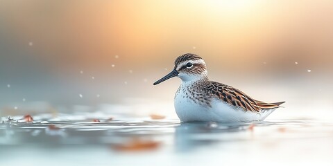 Poster - Shorebird wading through calm waters at sunset showcases nature's beauty and tranquility in a serene environment