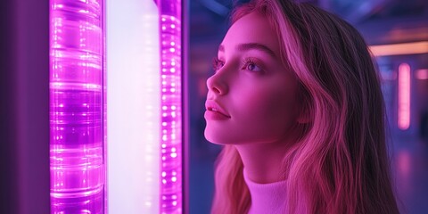 Poster - Young woman gazing at colorful lights in urban setting during evening hours