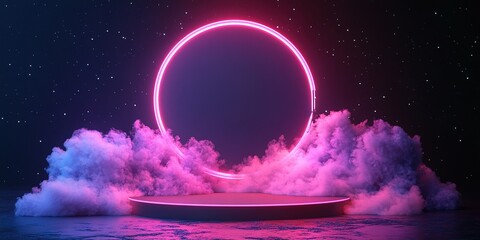 Poster - Neon circle formation with clouds in dark space creates an ethereal atmosphere during a night event