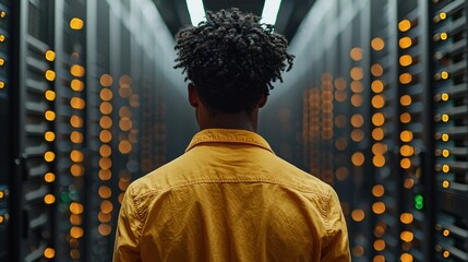 Poster - Man in Yellow Shirt Walking Through Server Room