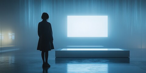 Poster - Person gazing at an illuminated screen in a modern art installation at a contemporary gallery