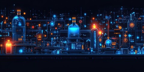 Poster - Futuristic laboratory showcasing glowing bottles and advanced technology illuminated in vibrant colors during a nighttime setting