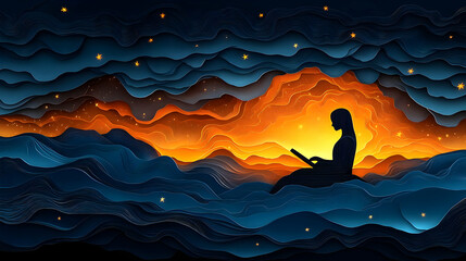 silhouette of person using laptop amidst layered, celestial landscape. warm sunset hues contrast coo