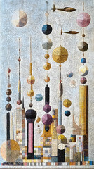 Aufkleber - Abstract Cityscape with Geometric Shapes and Vibrant Colors