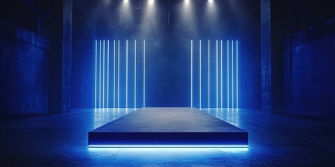 Poster - Empty runway illuminated by blue lights in a dark industrial setting creating a dramatic atmosphere