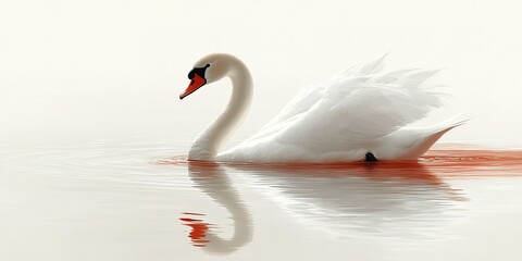 Poster - Elegant swan glides through tranquil waters while leaving a trail of red at sunrise in a serene natural setting