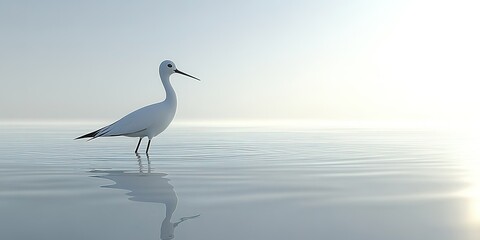 Poster - Elegantly poised bird standing in calm water at dawn with reflection and mist creating a serene atmosphere
