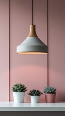 Poster - A contemporary lamp hangs gracefully above a minimalist shelf, casting a warm glow on elegant potted succulents in pastel pots. The pink backdrop enhances the serene atmosphere of the space