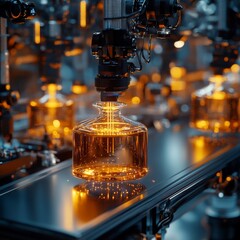 Fototapete - Automated Liquid Handling: A Robotic Arm Dispensing Fluid in a Futuristic Lab Setting with Golden Glow