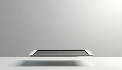 Poster - A tablet lies flat on a wooden surface, sunlight streaming through a nearby window highlights its smooth, black screen. Shadows create depth in this modern and minimalistic scene