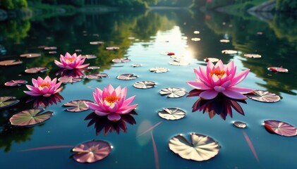 Wall Mural - intricate floral pattern formed by floating blossoms across a tranquil lake , peaceful, plant, still