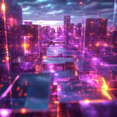 Aufkleber - Cyberpunk Cityscape: Abstract Geometric Buildings with Neon Lights and Digital Particles at Sunset