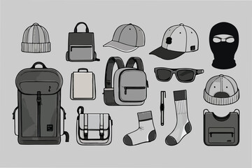 Fototapete - Urban Accessory Set: Backpacks, Hats, Glasses - Flat Vector Icons