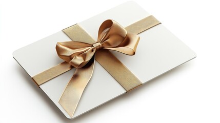 Poster - 3D top view of a beautifully decorated gift card with a golden ribbon and bow, isolated on a clean white background.