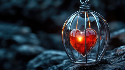 Fototapete - A caged heart drifting in endless void, glowing faintly, evoking loneliness and deep sorrow. Dark background, no people.