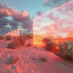 Poster - Futuristic Desert: Digital Walls Reflecting the Sunset and Sky in a Surreal Landscape