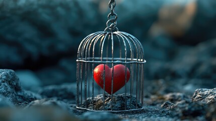 Poster - A cold, lifeless heart locked in a heavy cage, lost in infinite darkness, symbolizing silent suffering. No people.