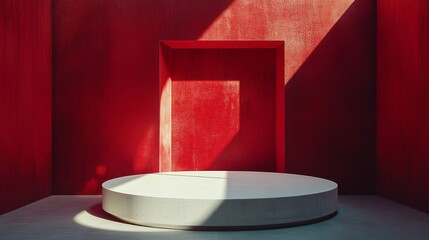 Poster - In a modern interior space adorned with vivid red walls, a circular platform casts shadows that dance across the surface, inviting creativity and contemplation in a minimalist setting