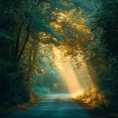 Poster - Golden Light on Forest Path: A Magical Journey Through Nature's Embrace