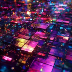 Poster - Neon Grid: A Captivating Abstract of Interconnected Luminous Squares and Sparkling Details,  Infused with Vibrant and Colorful Light Reflections
