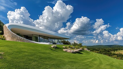 Poster - A modern house with sleek design, contrasting against a bright blue sky and soft, fluffy clouds above.